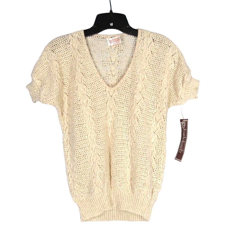 NWT VTG BELDOCH POPPER Beige OPEN WEAVE Short Sleeve COTTAGECORE Knit SWEATER S
